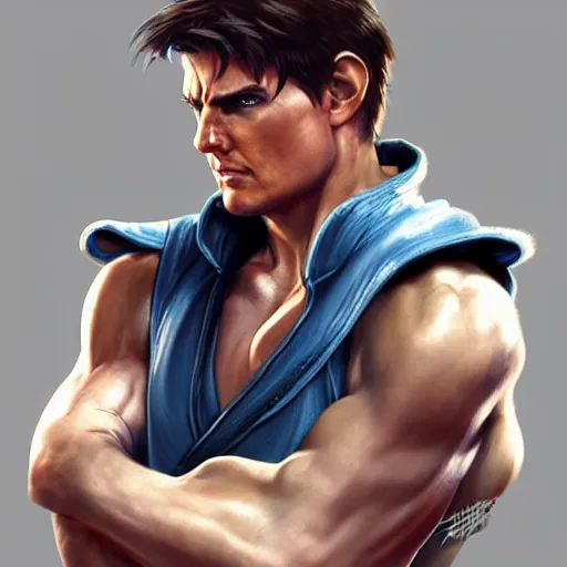 Prompt: tom cruise as a street fighter character, cg animation, capcom, realistic, character select portrait, by artgerm, greg rutkowski, alphonse mucha, 3 d