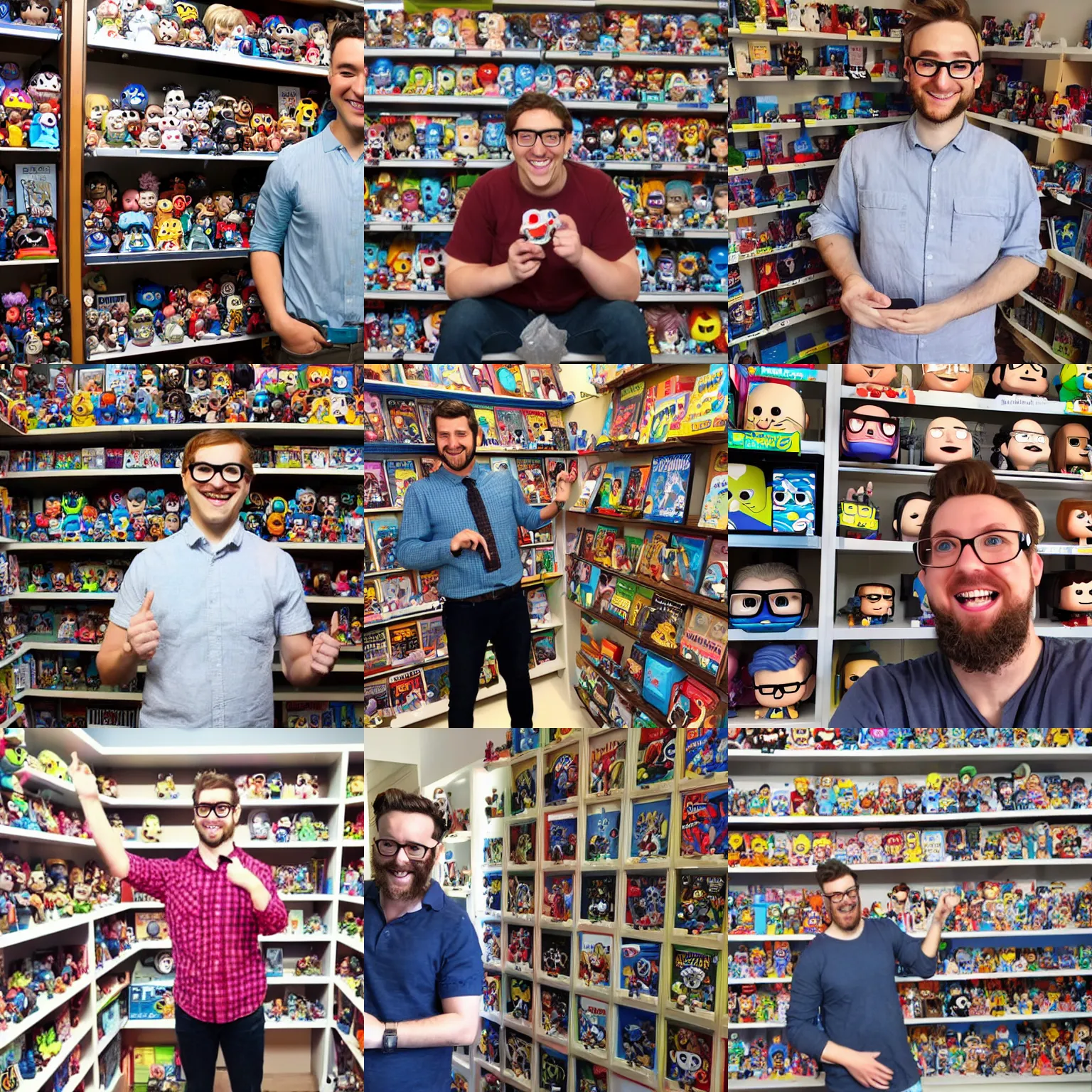 Prompt: a happy nerd with hair remission guy impressed in front of his collection of funko pop, realistic