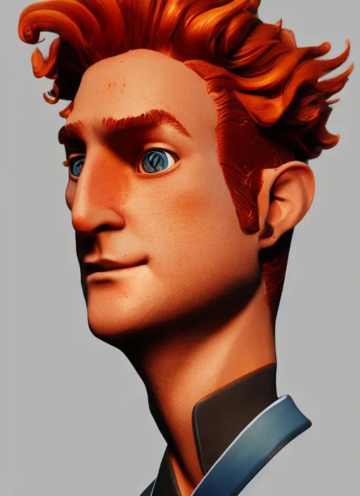 Image similar to glowwave portrait of curly orange hair man as a agent, au naturel, hyper detailed, digital art, trending in artstation, cinematic lighting, studio quality, smooth render, unreal engine 5 rendered, octane rendered, art style by pixar warner bros dreamworks disney riot games and overwatch