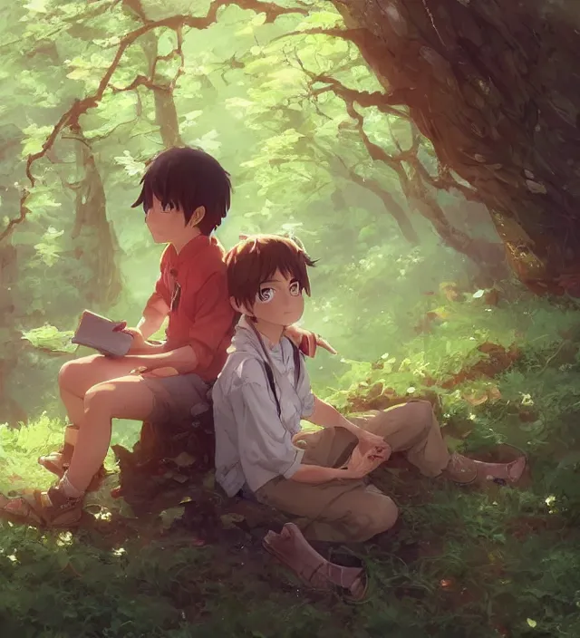 Prompt: a close up of a boy and a girl sitting together in a forest. cute anime eyes. by makoto shinkai, stanley artgerm lau, wlop, rossdraws, james jean, andrei riabovitchev, marc simonetti, krenz cushart, sakimichan, trending on artstation, digital art.