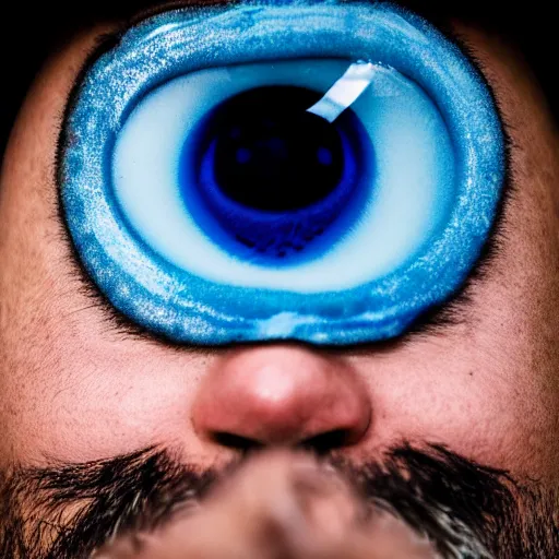 Image similar to fish eye lens close up photograph of a man with blue skin and a goatee side eyeing the camera with a sympathetic look