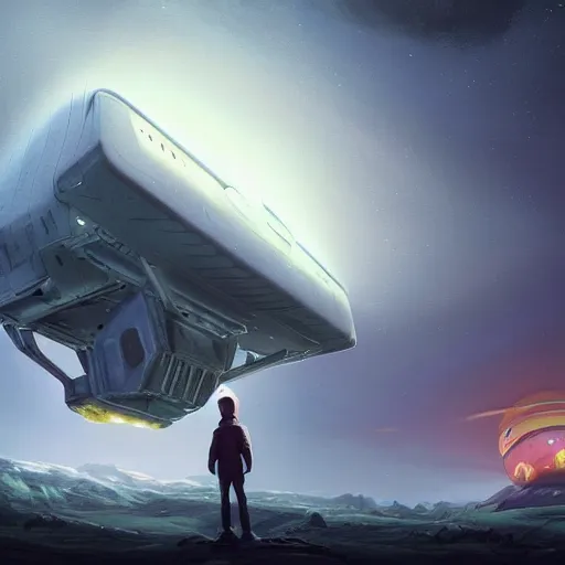 Image similar to a digital painting of a person looking up at a gigantic big enormous ufo spaceship in the sky on earth concept art by simon stalenhag and peter mohrbacher cgsociety, speedpainting, apocalypse art. unreal engine. hyper - realistic. photo realistic. 3 d render. octane render. detailed masterpiece. extreme wide shot.