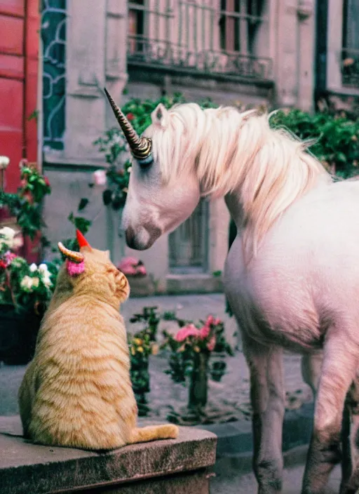 Image similar to a unicorn in paris, a cat and a piece of cabbage are bursting out of the unicorn, lsd, canon 5 d 5 0 mm lens kodachrome