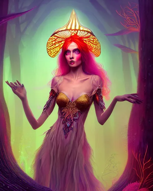 Image similar to portrait, stunningly beautiful female faerie priestess in amanita muscaria forest landscape, symmetrical wings on back, neon hair, wearing a dress of gossamer gold, inner glow, illustration, dramatic lighting, soft details, painting, art nouveau, octane render, 8 k, hd, by brom, faces by otto schmidt