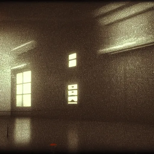 Image similar to cctv of an extremely dark empty abandoned building with glowing humanoid cryptid made out of television static, dark deep black shadows, red and black color contrast in the style of trevor henderson and james ensor goya, liminal space, 3 d octane render, glitch effect