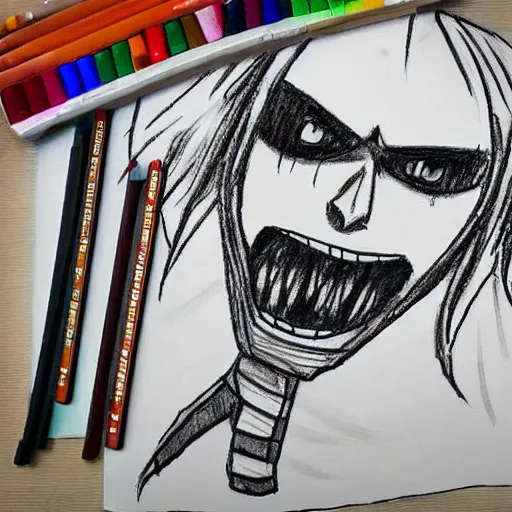 Prompt: crayon drawing of attack on titan drawn by a toddler