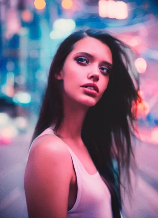 Image similar to A hyper realistic and detailed head portrait photography of young brunette female on a futuristic street. by David Dubnitskiy. Neo noir style. Cinematic. neon lights glow in the background. Cinestill 800T film. Lens flare. Helios 44m