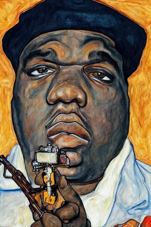 Image similar to a portrait of biggie smalls holding a gun in style of egon schiele, 4 k, trending on artstation