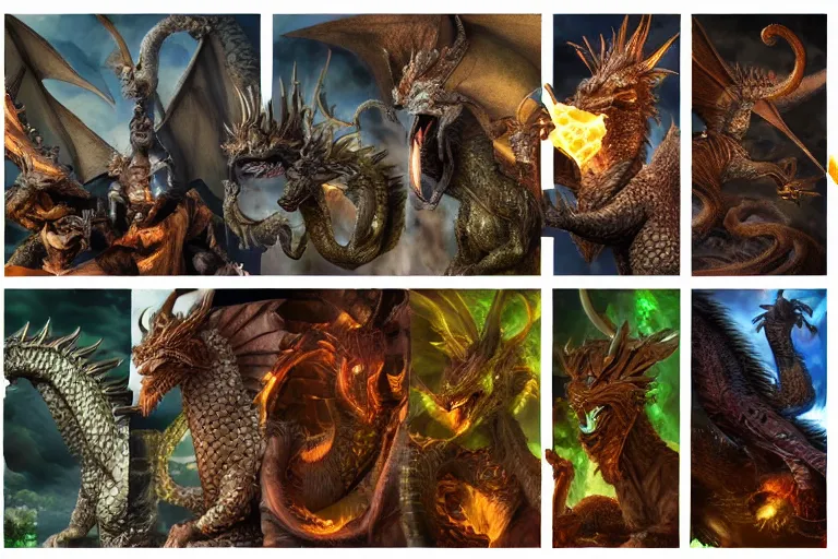 Image similar to highly detailed icons of many various fantasy dragons from fantasy games. Perfect lighting, ray tracing, realistic.