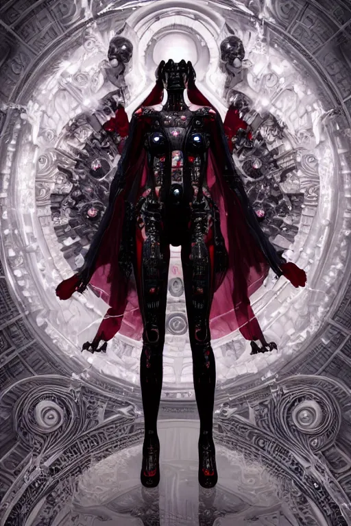 Image similar to full-body cyberpunk style sculpture of a young beautiful dark priestess, half android with a head opening exposing circuitry, glowing red eyes, black roses, flowing blood-red colored silk, fabric, candles. baroque elements, human skull. full-length view. baroque element. intricate artwork by caravaggio. crows flying in background. Trending on artstation, octane render, cinematic lighting from the right, hyper realism, octane render, 8k, depth of field, 3D