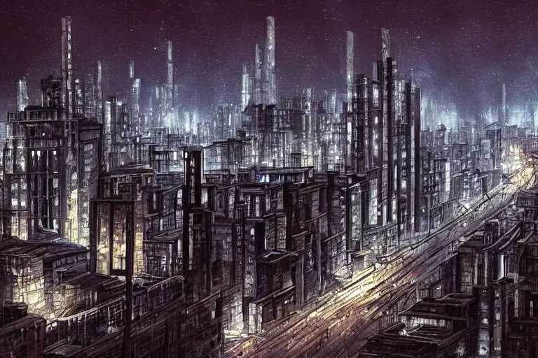 Image similar to Close-up view of an oppressive metropolis at night, sci fi imperial russian city with narrow streets, tall brutalist architecture buildings, city lights spilling upwards above the top of the buildings, digital art,