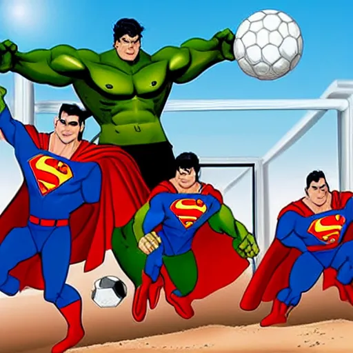 Image similar to supermen and hulk playing soccer at desert, a crowd watching they play