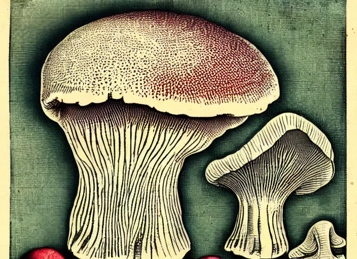 Image similar to Lenin mushroom head!!!, made by Wenceslas Hollar and Ernst Haeckel in vintage Victorian England colourised print style with saturated colours