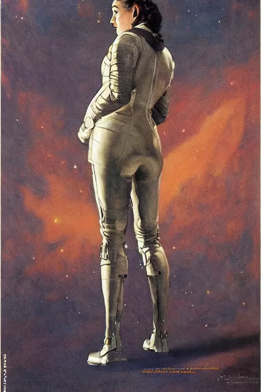 Prompt: 5 0 s pulp scifi fantasy illustration full body portrait slim mature woman in leather spacesuit on mars, by norman rockwell, roberto ferri, daniel gerhartz, edd cartier, jack kirby, howard v brown, ruan jia, tom lovell, frank r paul, jacob collins, dean cornwell, astounding stories, amazing, fantasy, other worlds