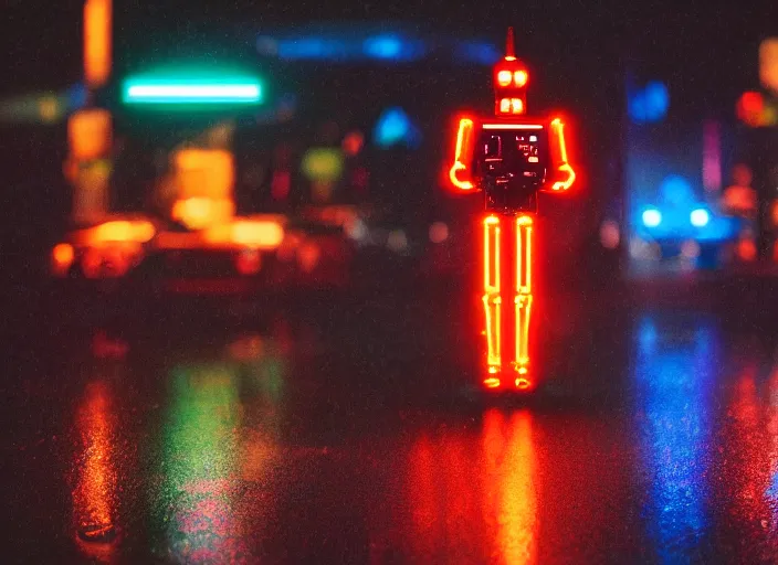Image similar to a kodachrome photo of a tall huge metallic cyborg droid android with glowing lights, running sprinting on a rainy night in the city in the 1 9 5 0's, seen from a distance, canon 5 0 mm, cinematic lighting, film, photography, award - winning, neon, cyberpunk, blade runner