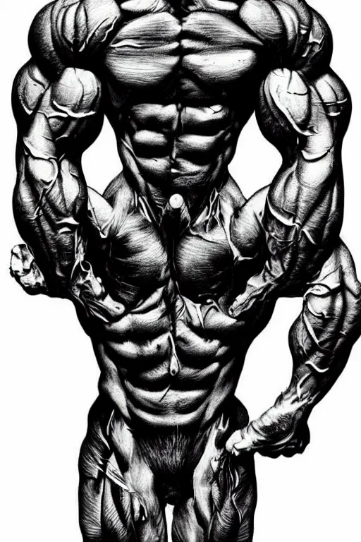 Image similar to black and white illustration, creative design, body horror, muscle monster