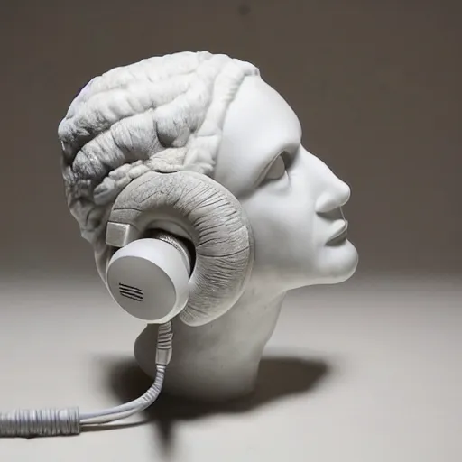 Prompt: a marble sculpture, using headphones in the bathroom