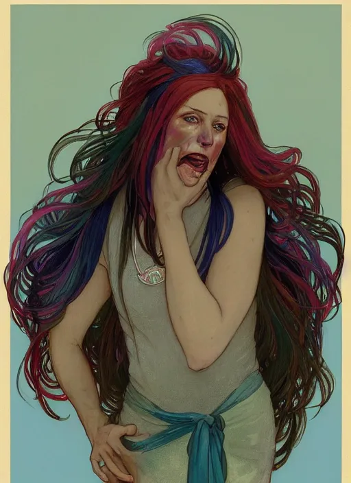 Image similar to Joe Biden as a transgender woman, maniac look, rainbow hair, ugly, gross, realistic, beta male, accurately portrayed, portrait art by alphonse mucha and greg rutkowski, highly detailed, digital painting, concept art, illustration, dim lighting with twilight rays of sunlight, trending on artstation, very detailed, smooth, sharp focus, octane render, close up