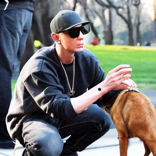 Image similar to Eminem with a dog plays with wooden blocks at Central Park