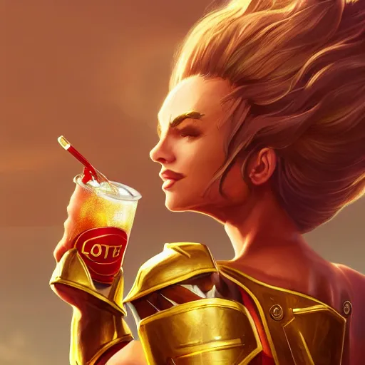 Prompt: leona from league of legends wearing gold and scarlet armor drinking a soft drink out of a blue can on a hot summer day at the beach. she is wearing wearing gold and scarlet armor. digital illustration, trending on artstation, highly detailed, excellent beautiful lighting,