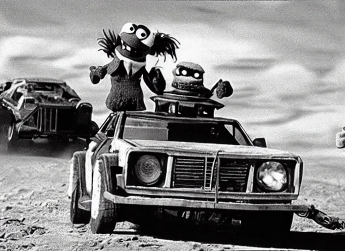 Prompt: scene from the 1 9 7 9 science fiction film muppet mad max