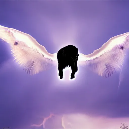 Prompt: buffalo flying with white angelic wings on its back, photograph, beautiful lightning, 4 k