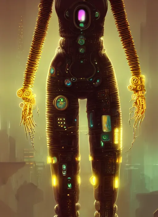 Image similar to soft lustrous full body ebony biotech raver gutter punk cyberpunk robot bioweapon, golden ratio, details, scifi, fantasy, cyberpunk, intricate, decadent, highly detailed, digital painting, octane render, artstation, concept art, smooth, sharp focus, illustration, art by artgerm, loish, wlop