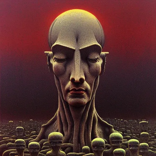 Prompt: highly detailed dystopian surreal painting of eerie head statues and buildings by zdzisław beksinski