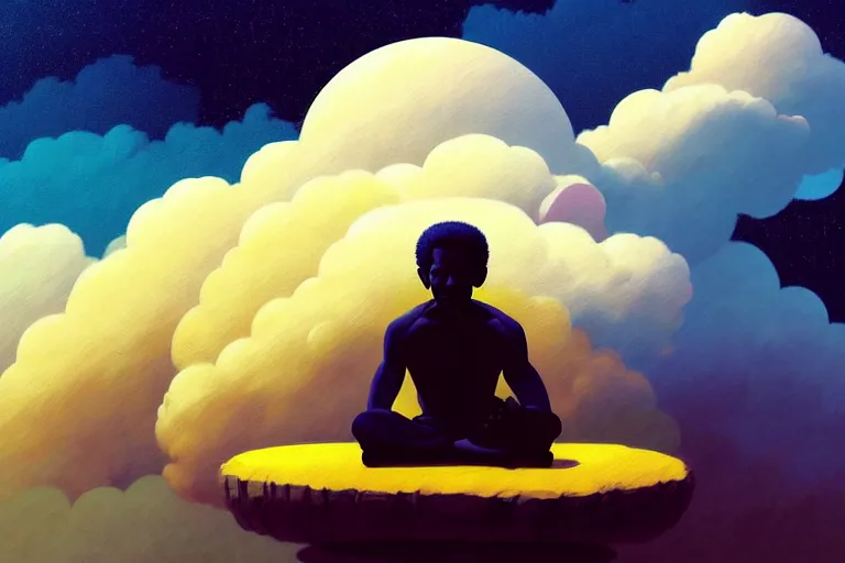 Prompt: Pixiv Digital art Full Body Extreme Detailed Full and Isolated and singular portrait of Morgan Freeman sitting on a Cloud in the sky. His legs are crossed lotus position in the scene is full of clouds by Ilya Kuvshinov and Greg Rutkowski