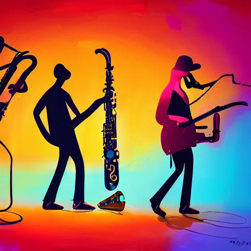 Image similar to a saxophone, a guitar, a drummer, and a keyboard player. jazz. party. fun. abstract. oil paint. digital image. highly saturated. whimsical. digital art, octane, ue 5, 8 k, 4 k, hq, concept art.