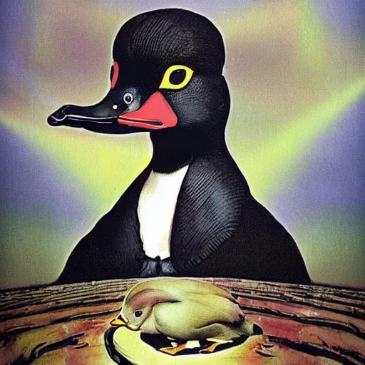 Image similar to oh my god, the duck, don't look at him, surrealism, dreamcore