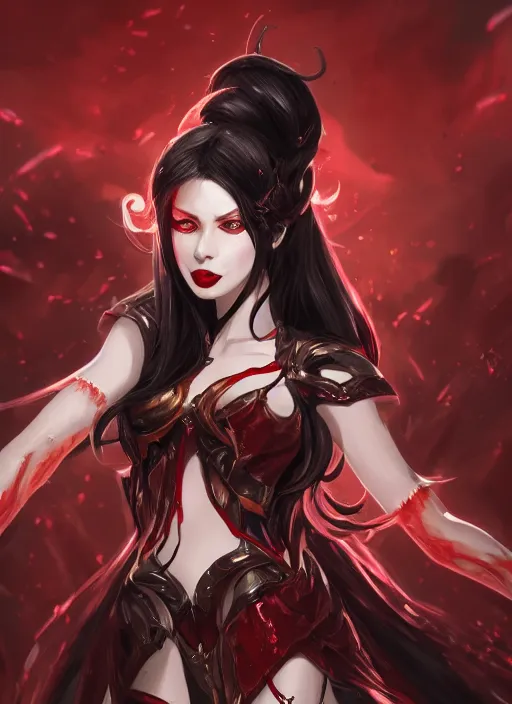 Image similar to a highly detailed illustration of beautiful long hime cut black hair white woman wearing a red battle dress, red eyes, dramatic smile pose, intricate, elegant, highly detailed, centered, digital painting, artstation, concept art, smooth, sharp focus, league of legends concept art, WLOP