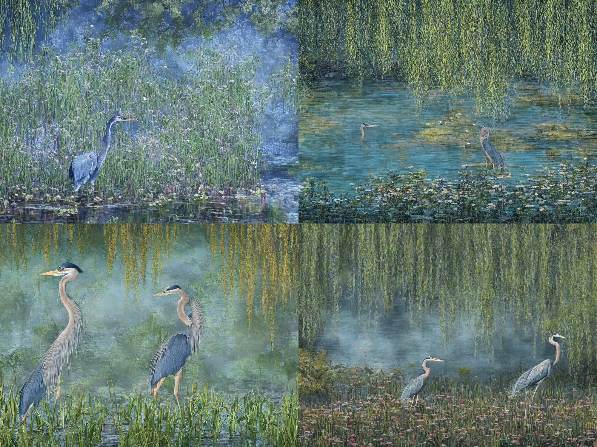 Prompt: a majestic blue heron in shallow river with waterfalls in distance, lake surrounded by beautiful willow and cherry blosom trees, lily pads, bullrushes, marsh, puffy clouds, morning dawn, highly detailed digital art, sylized, featured on artstation