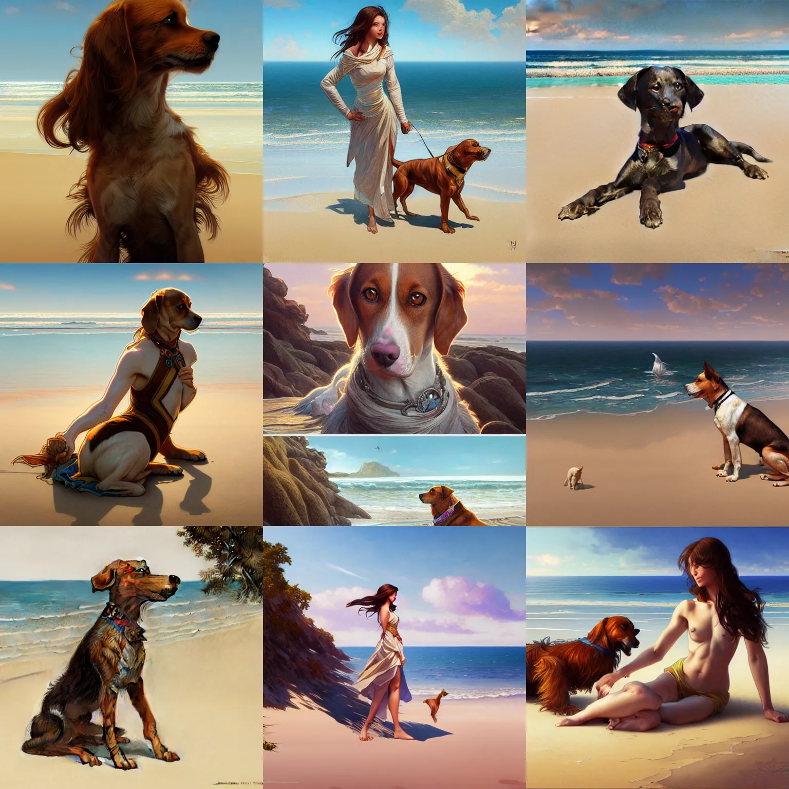 Prompt: ultra realistic illustration, a dog on the beach, panoramic view, intricate, elegant, highly detailed, digital painting, artstation, concept art, smooth, sharp focus, illustration, art by artgerm and greg rutkowski and alphonse mucha