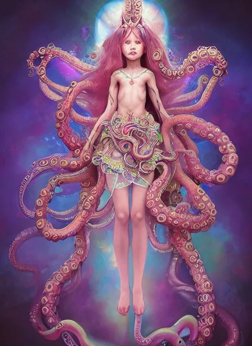 Image similar to A full body shot of a cute young magical girl wearing an ornate dress made of opals and tentacles. Monster GIrl. Subsurface Scattering. Dynamic Pose. Translucent Skin. Rainbow palette. defined facial features, symmetrical facial features. Opalescent surface. Soft Lighting. beautiful lighting. By Giger and Ruan Jia and Artgerm and WLOP and William-Adolphe Bouguereau. Photo real. Hyper-real. Photorealism. Fantasy Illustration. Sailor Moon hair. Masterpiece. trending on artstation, featured on pixiv, award winning, cinematic composition, dramatic pose, sharp, details, Hyper-detailed, HD, HDR, 4K, 8K.