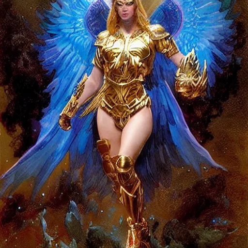 Image similar to katie perry as a trans futuristic asguardian superheroine in intricate dark seraphim warrior armor. her seraphim wings glow energy, art by gaston bussiere, craig mullins, simon bisley