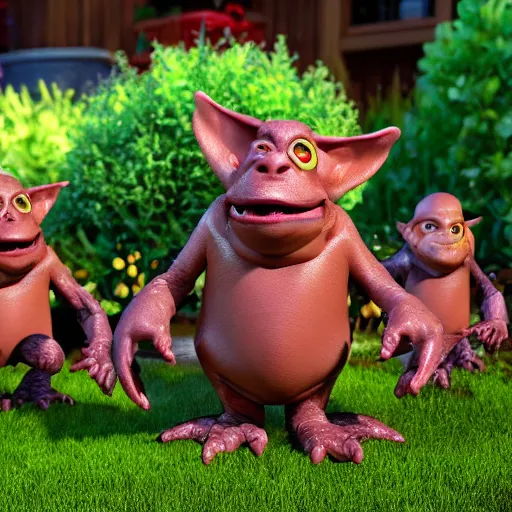 Image similar to disgusting brown Boglins, plastic goblin monster toys in a backyard garden, by PIXAR, octane render