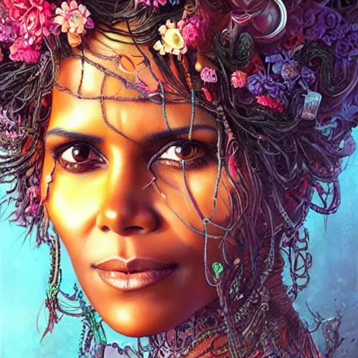 Image similar to portrait of halle berry, hyper detailed masterpiece, neon floral pattern, jean giraud, digital art painting, darkwave goth aesthetic, psychedelic, artgerm, donato giancola and tom bagshaw