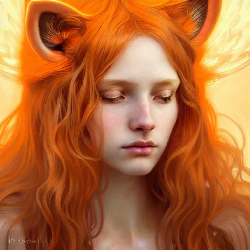 Image similar to Portrait of a girl angel with pale orange colored frizzy strands of illuminated hair, cat ears on her head, glowing halo, Lion's Mane, fantasy, intricate, elegant, highly detailed, digital painting, artstation, concept art, smooth, sharp focus, illustration, art by Krenz Cushart and Artem Demura and alphonse mucha