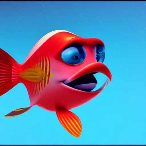 Image similar to a 3d render of a fish underwater that is looking a boat , in the style of a pixar cartoon, disney cartoon