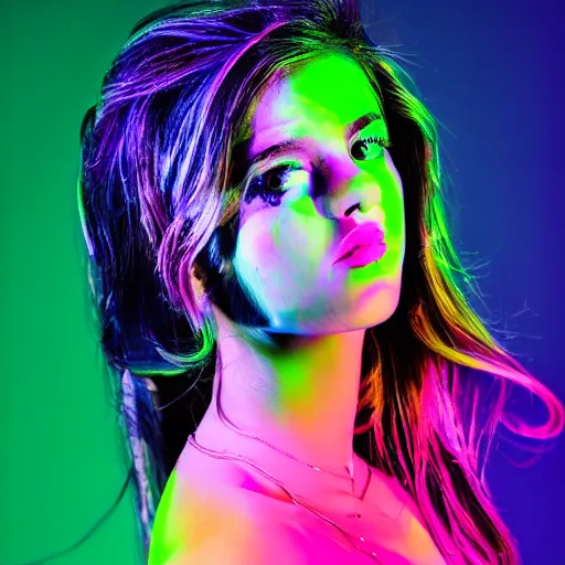 Prompt: a girl glowing with neon colors, high details, high modernization, high stylization, photo model