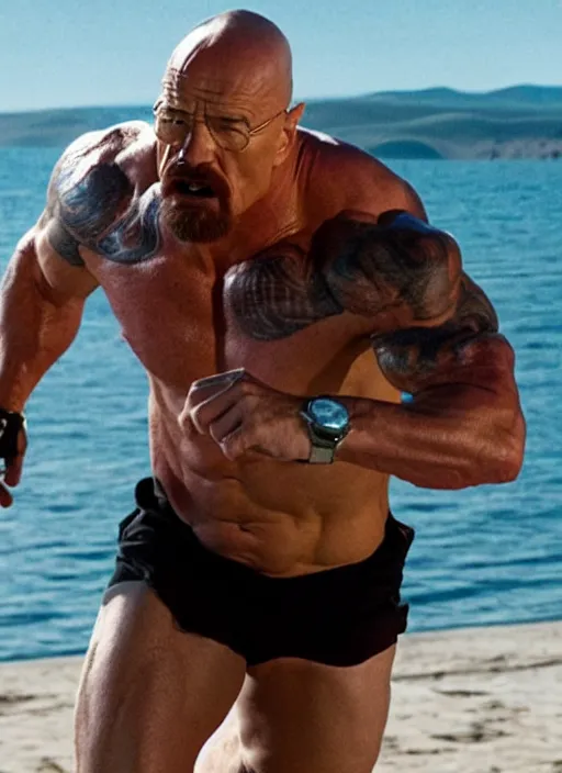 Image similar to film still of walter white as dwayne johnson in baywatch movie 2 0 1 7, 8 k