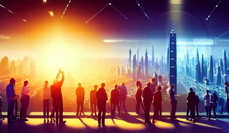 Image similar to crowd of people in open museum, looking at hologram of futuristic city on a table, cinematic concept art, godrays, golden hour, natural sunlight, 4 k, clear details, tabletop model buildings, center model buildings, hologram center, crane shot, wide shot, high shot