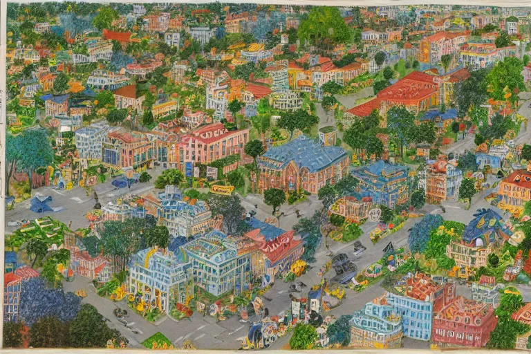 Image similar to an elaborate and dense painting of a peaceful neighborhood, detailed, made of alcohol ink on parchment and penned illustrations, by richard scarry and bosch