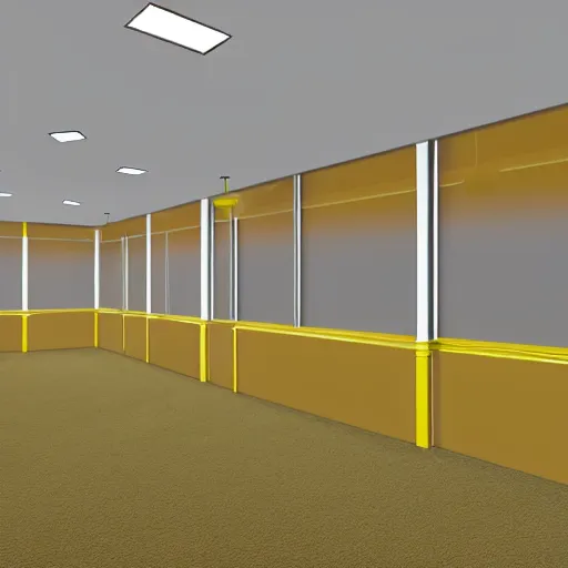 Prompt: empty 9 0 s office building with no windows doors or furniture in garry's mod, the building has brown carpet and yellow wallpaper