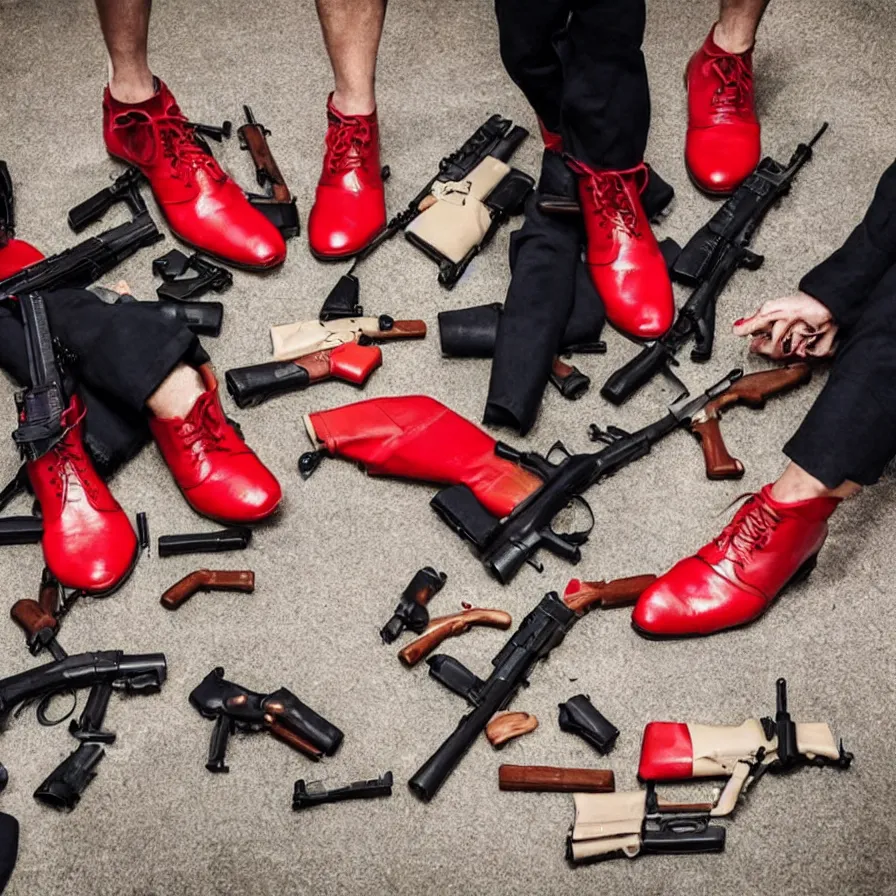 Image similar to 4 people, some guns, reality is collapsing, what the hell is this? red shoes, and some vegan food