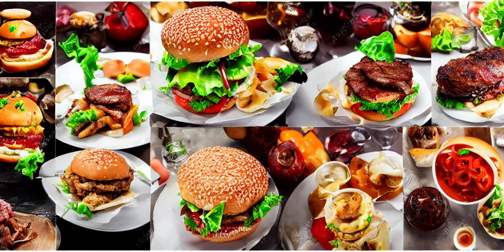 Prompt: Hamburger, professional photography, juicy meat, tasty food, gourmet meal