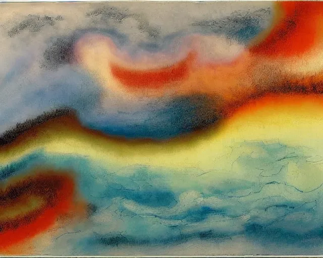 Image similar to Ocean waves in a psychedelic dream world. DMT. Curving rivers. Zao Wou-ki. Yves Tanguy.