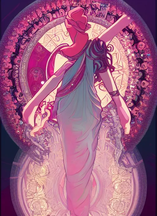 Prompt: a levitating magician surrounded by spirals of sparkling crystal, diamond and rose quartz, full body view, beautiful high quality realistic fantasy art but its hyper light drifter, trending on artstation by alphonse mucha