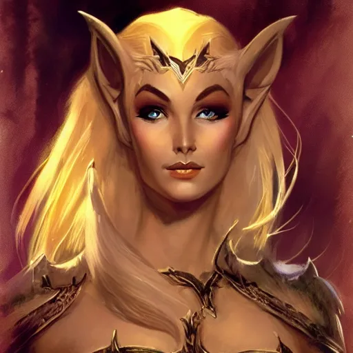 Image similar to elven queen character portrait by frank frazetta, fantasy, dungeons & dragons, sharp focus, beautiful, artstation contest winner, detailed